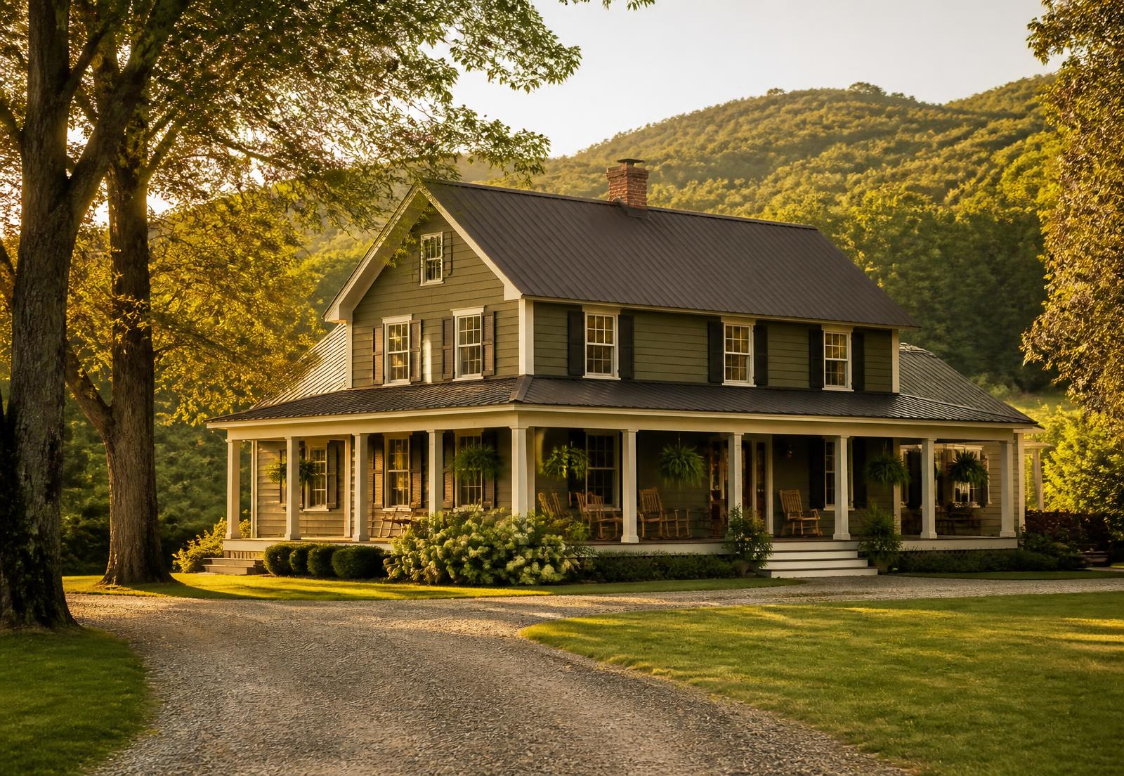 A well-kept farmhouse with fresh trim, mature trees, and rolling hills behind it